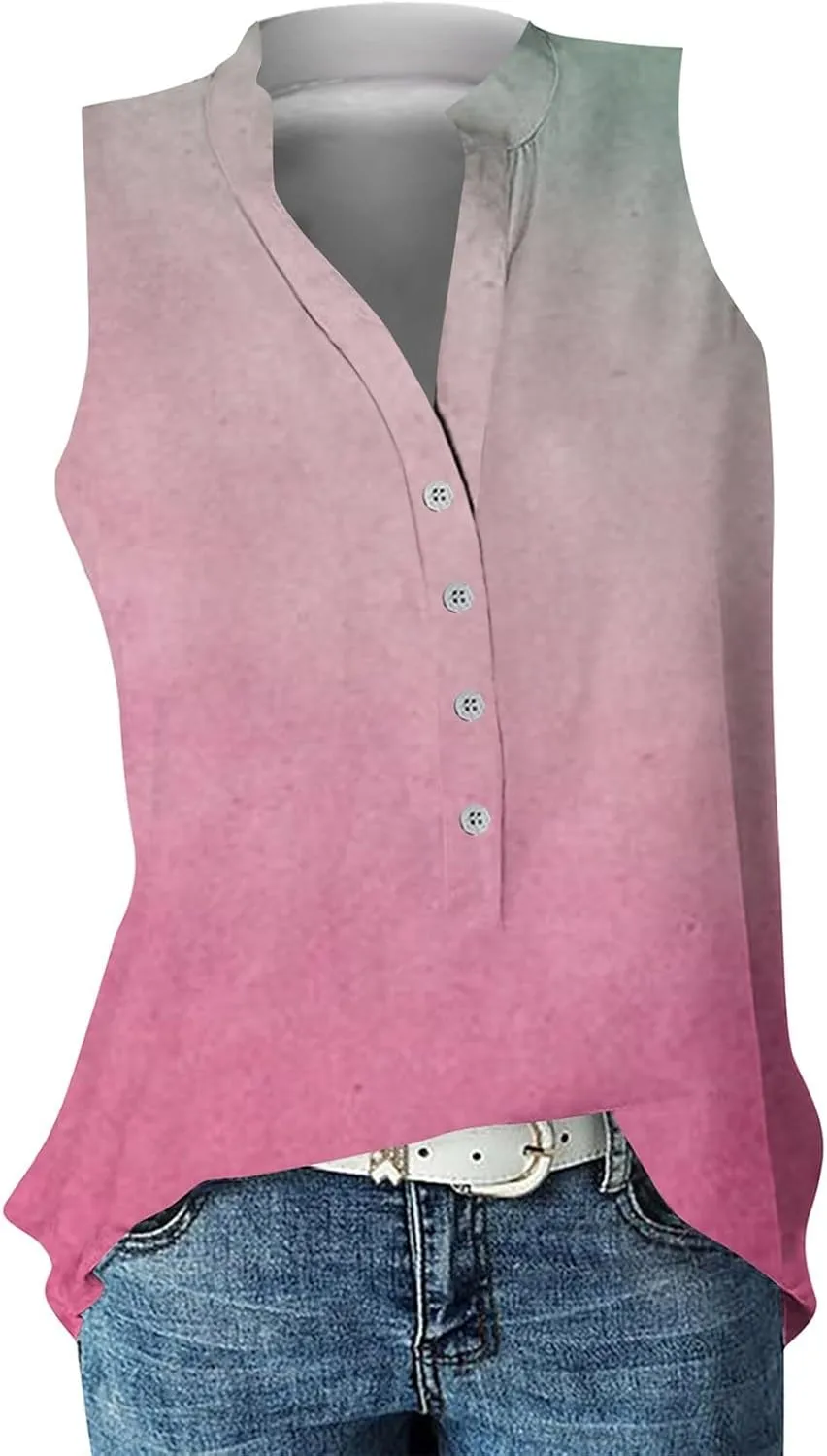 Summer Tank Tops for Women Plus Size Vneck Sleeveless T-Shirts Gradient Button Down Casual Office Tees Tunics