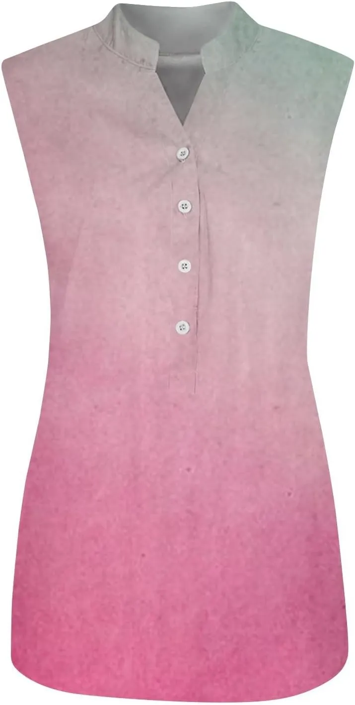 Summer Tank Tops for Women Plus Size Vneck Sleeveless T-Shirts Gradient Button Down Casual Office Tees Tunics