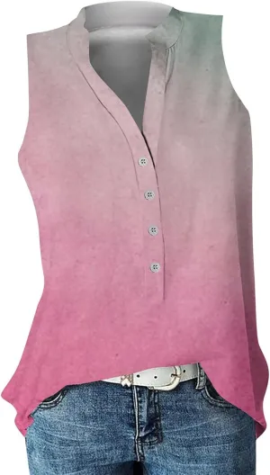 Summer Tank Tops for Women Plus Size Vneck Sleeveless T-Shirts Gradient Button Down Casual Office Tees Tunics