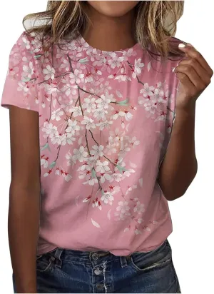 Summer Tops for Women 2025 Cute Floral Graphic Tee Shirt Dressy Round Neck Short Sleeve Tunic Pullover Petite Ladies Blouses