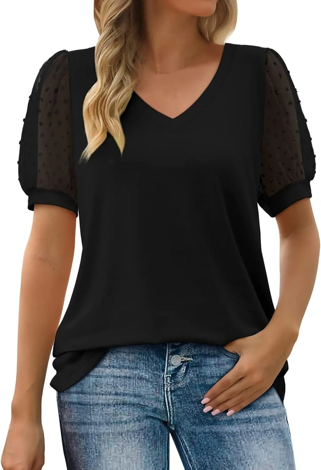 Summer Tops for Women 2025 Vacation Short Sleeve V Neck T Shirts Swiss Dot Puff Sleeve Tops Loose Casual Tshirts for Women