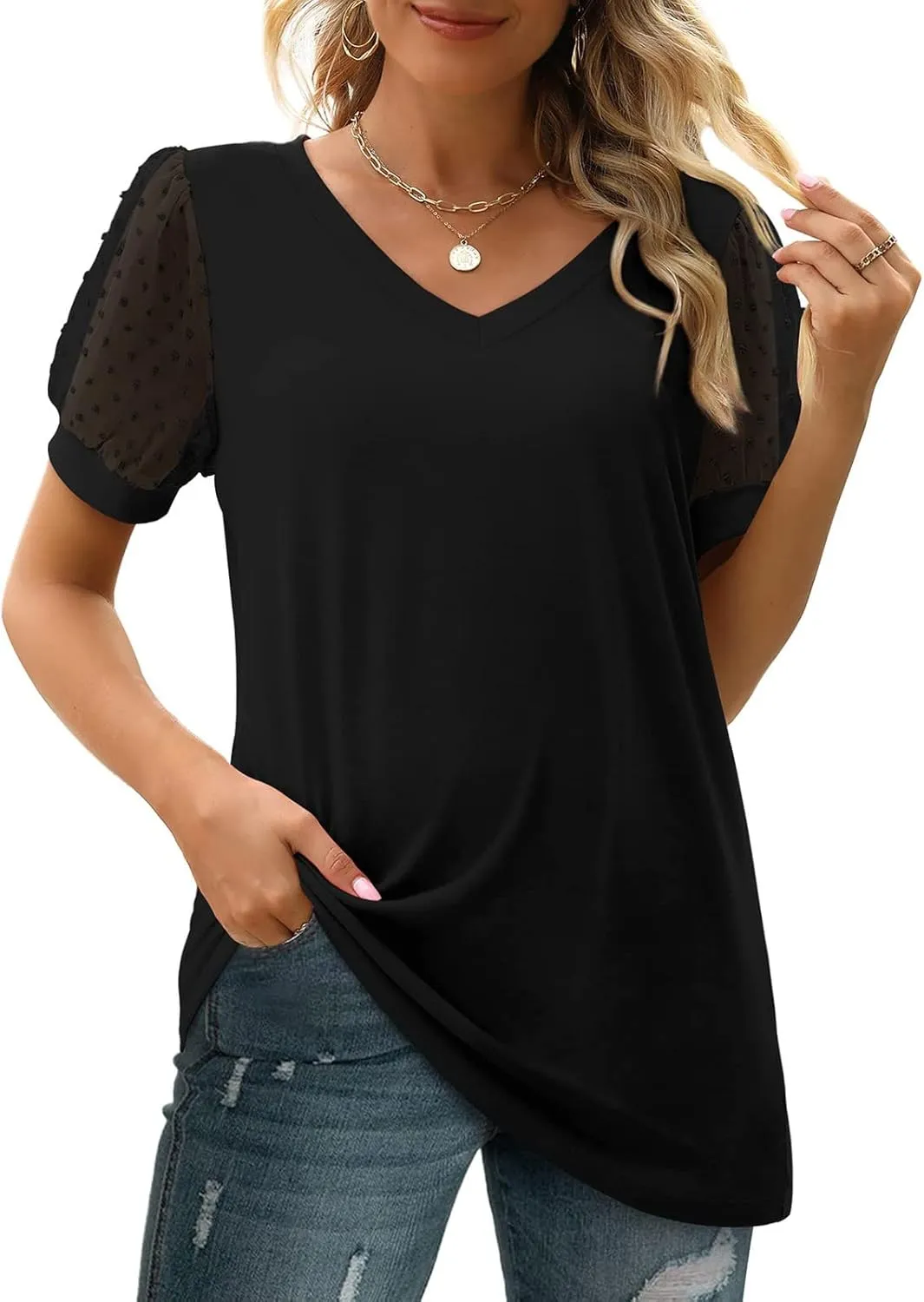 Summer Tops for Women 2025 Vacation Short Sleeve V Neck T Shirts Swiss Dot Puff Sleeve Tops Loose Casual Tshirts for Women