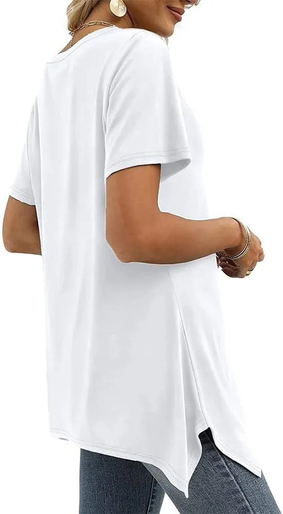 Summer Tops for Women V Neck Short Sleeve Tops Dovetail Hem T-Shirt Solid Casual Loose Shirt