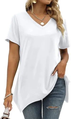 Summer Tops for Women V Neck Short Sleeve Tops Dovetail Hem T-Shirt Solid Casual Loose Shirt