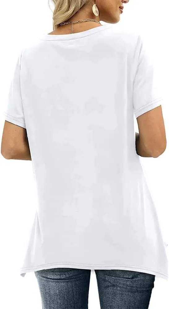 Summer Tops for Women V Neck Short Sleeve Tops Dovetail Hem T-Shirt Solid Casual Loose Shirt