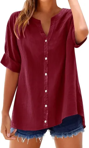 Summer Work Tops for Women Short Sleeve Button Down Casual Office Shirt Top 2025 Trendy Loose Fit V Neck Tunic Shirts