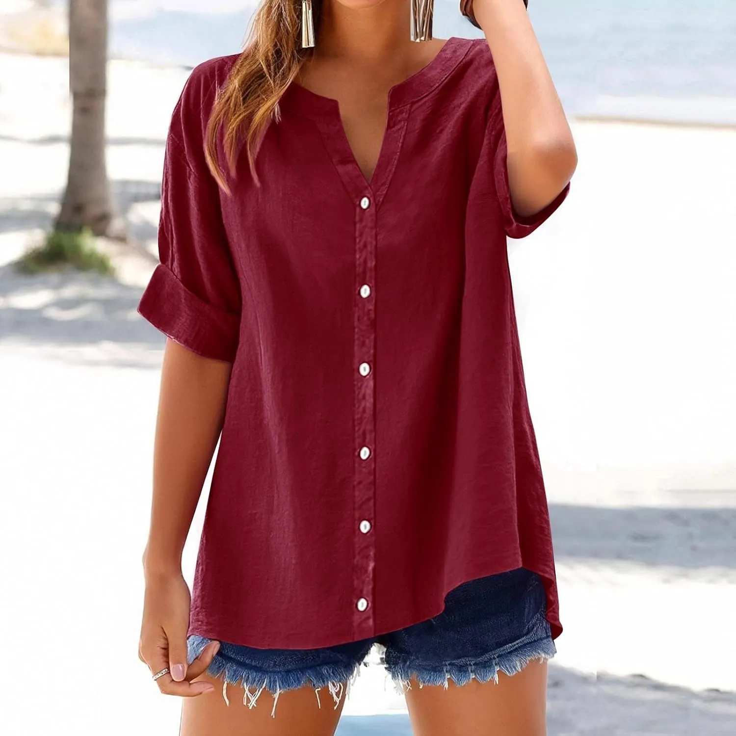 Summer Work Tops for Women Short Sleeve Button Down Casual Office Shirt Top 2025 Trendy Loose Fit V Neck Tunic Shirts