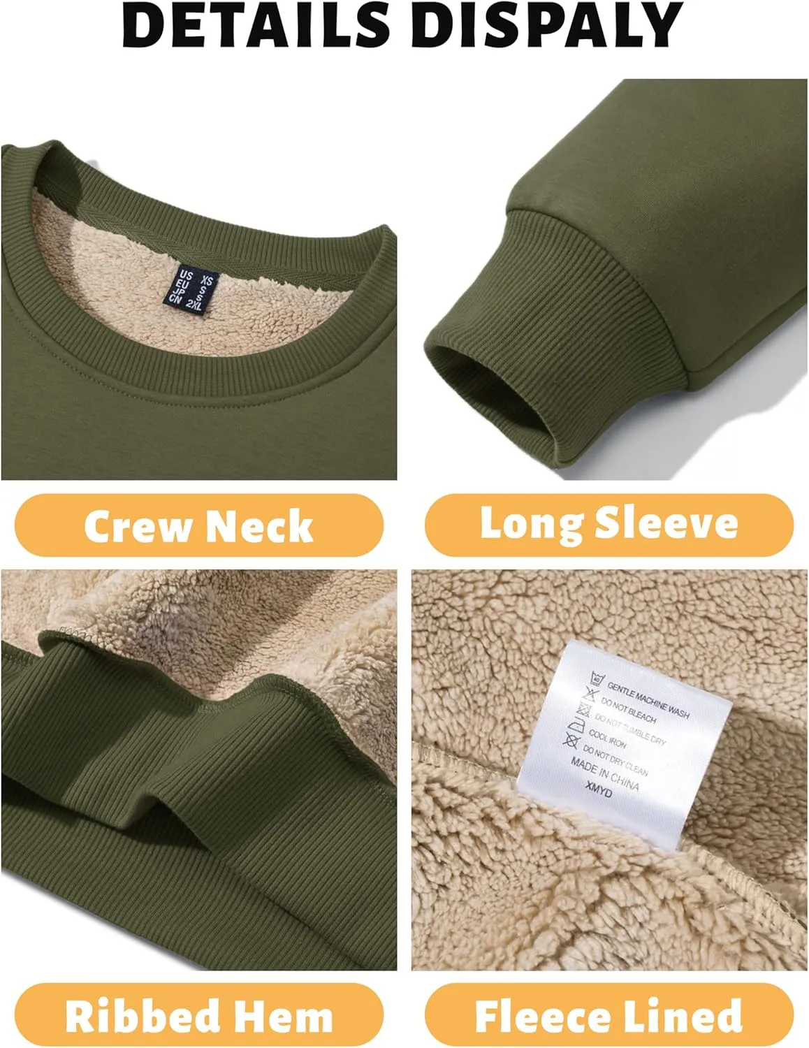 TACVASEN Men's Crewneck Sweatshirt Warm Sherpa Lined Sweatshirts Heavyweight Long Sleeve Underwear Winter Fleece Pullover