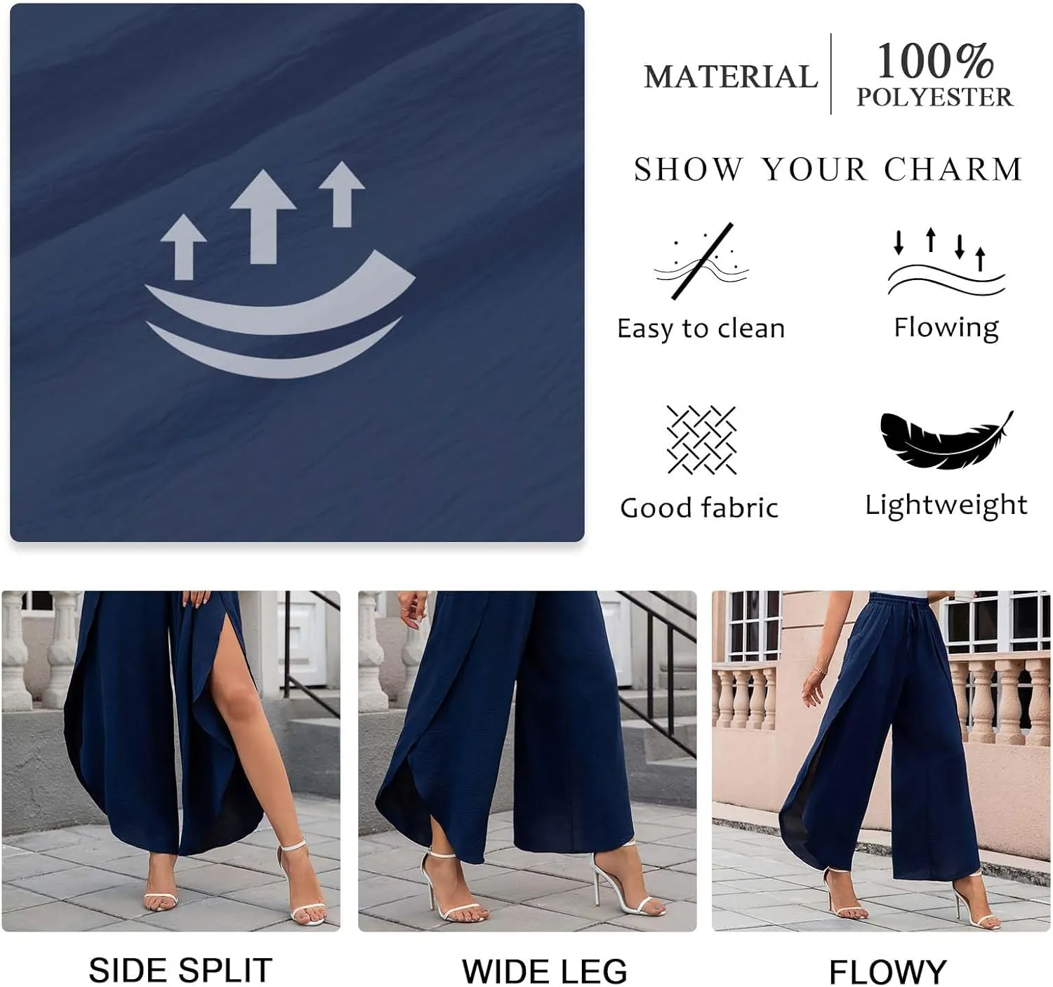 TAOHUADAO Womens Summer Wide Leg Pants with Pockets Side Split High Waisted Palazzo Pants Boho Beach Flowy Trousers