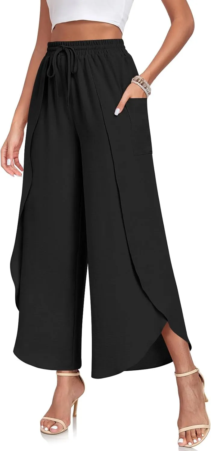 TAOHUADAO Womens Summer Wide Leg Pants with Pockets Side Split High Waisted Palazzo Pants Boho Beach Flowy Trousers