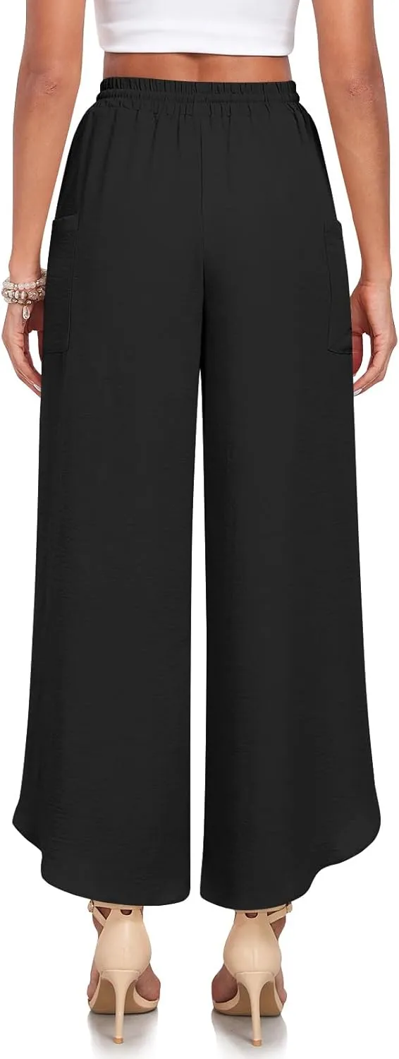 TAOHUADAO Womens Summer Wide Leg Pants with Pockets Side Split High Waisted Palazzo Pants Boho Beach Flowy Trousers
