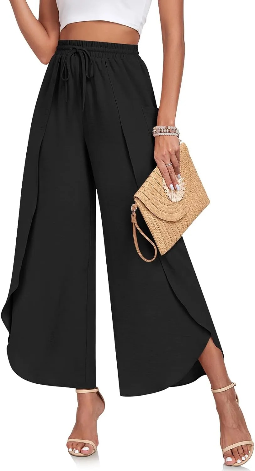 TAOHUADAO Womens Summer Wide Leg Pants with Pockets Side Split High Waisted Palazzo Pants Boho Beach Flowy Trousers