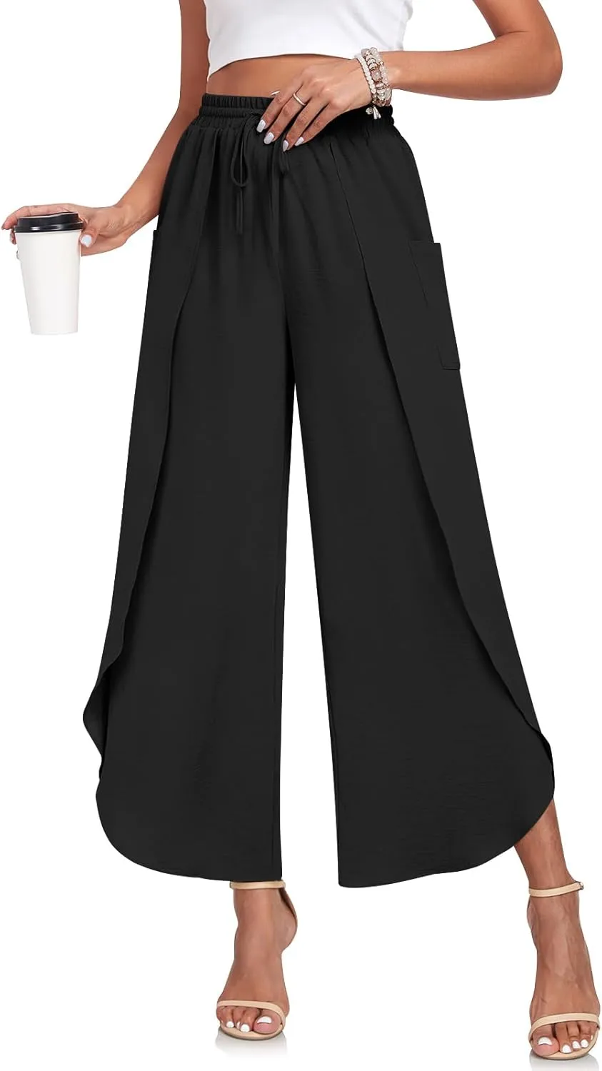 TAOHUADAO Womens Summer Wide Leg Pants with Pockets Side Split High Waisted Palazzo Pants Boho Beach Flowy Trousers