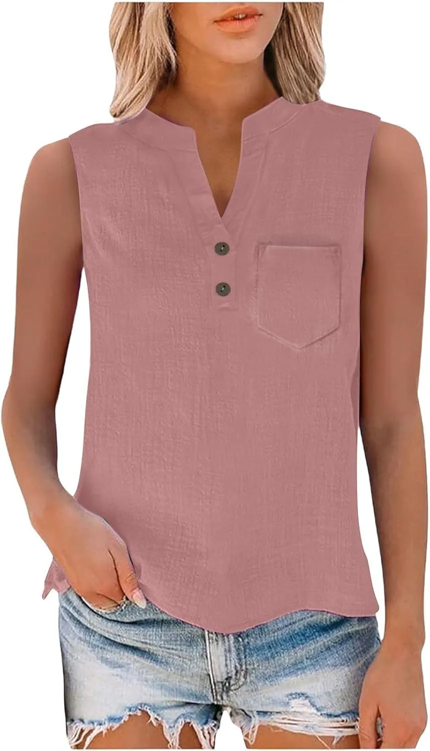 TARIENDY Tank Top for Women Loose Fit V Neck Sleeveless Shirts Trendy 2025 Button Down Beach Vacation Outfits with Pocket