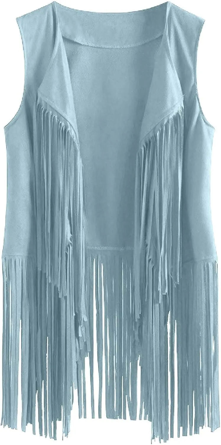 Tassel Sleeveless Vest for Women 70s Hippie Faux Suede Fringe Jacket Open Front Gilet Cardigan Vintage Boho Waistcoat