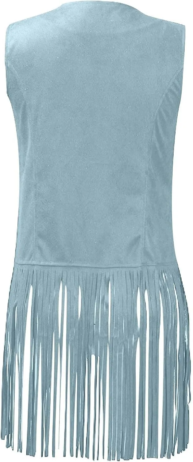 Tassel Sleeveless Vest for Women 70s Hippie Faux Suede Fringe Jacket Open Front Gilet Cardigan Vintage Boho Waistcoat