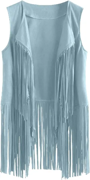 Tassel Sleeveless Vest for Women 70s Hippie Faux Suede Fringe Jacket Open Front Gilet Cardigan Vintage Boho Waistcoat