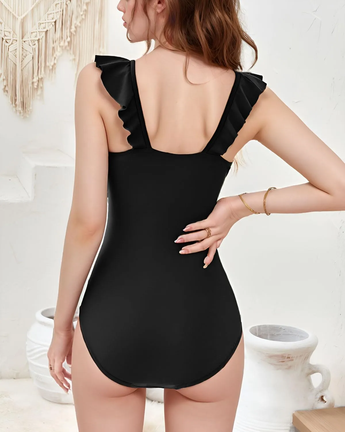 TcIFE Women's One Piece Swimsuits Tummy Control Ruffle V-Neck Push Up Monokinis Bathing Suits for Women