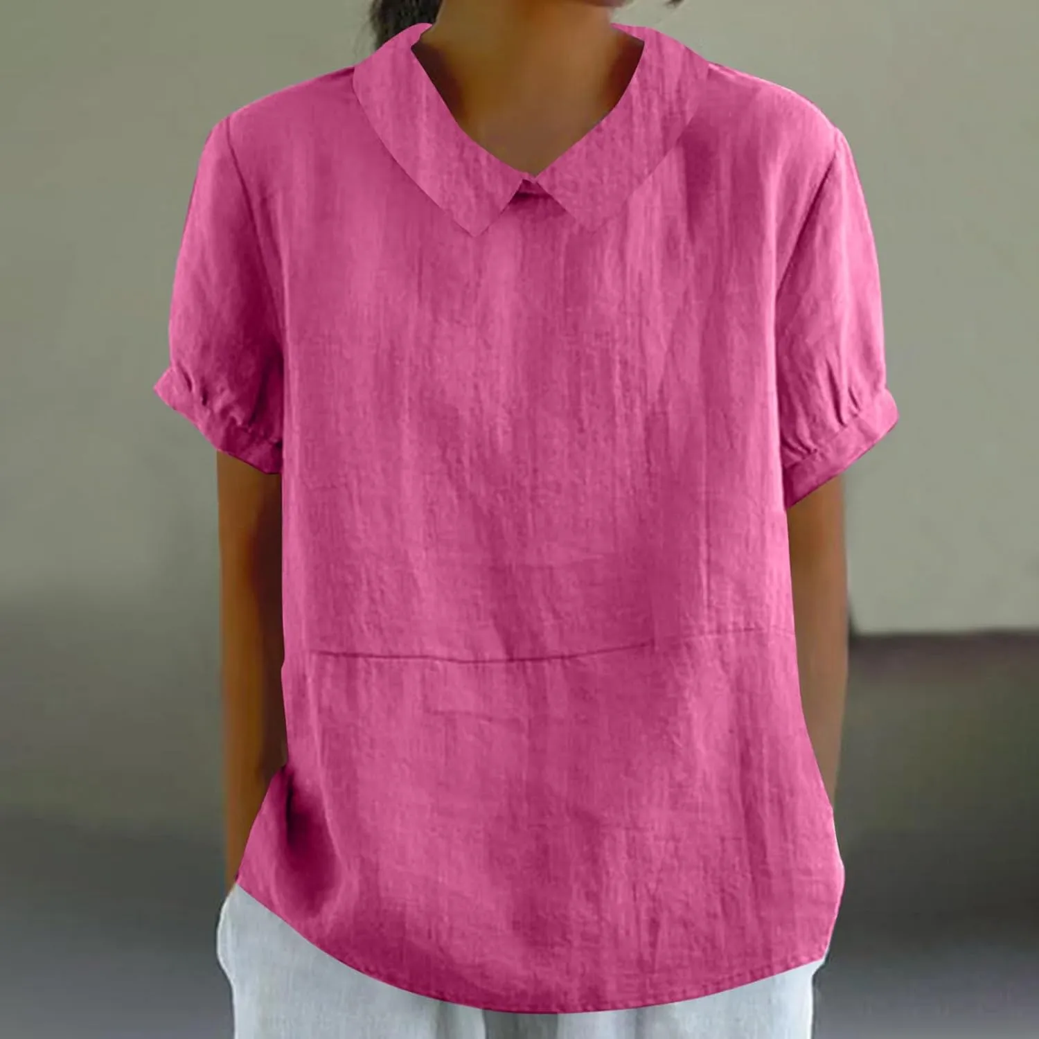 Tops for Women Trendy Collared Short Sleeve Shirts Casual Loose Fitted Linen Blouses Fashion Soft Summer Tops