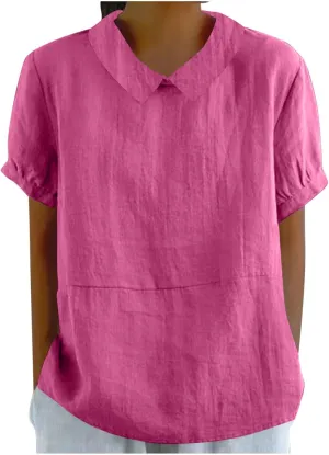 Tops for Women Trendy Collared Short Sleeve Shirts Casual Loose Fitted Linen Blouses Fashion Soft Summer Tops