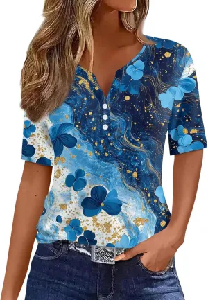 Tops for Women Trendy Henley V Neck Pullover Printed Vacation Tops Button Down Comfy Tees Trendy Tunics T Shirt