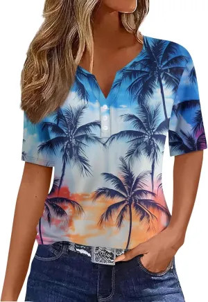 Tops for Women Trendy Henley V Neck Pullover Printed Vacation Tops Button Down Comfy Tees Trendy Tunics T Shirt