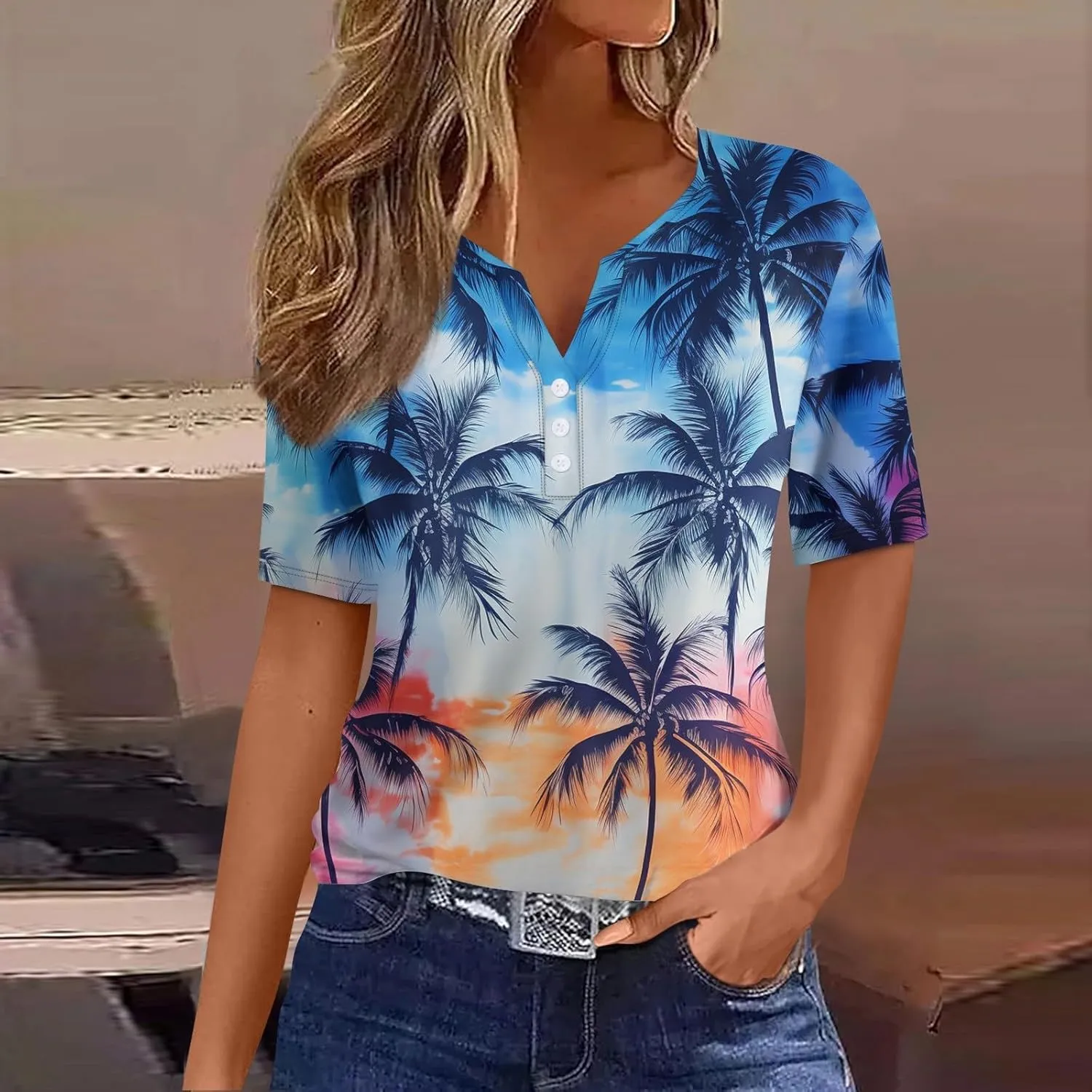 Tops for Women Trendy Henley V Neck Pullover Printed Vacation Tops Button Down Comfy Tees Trendy Tunics T Shirt