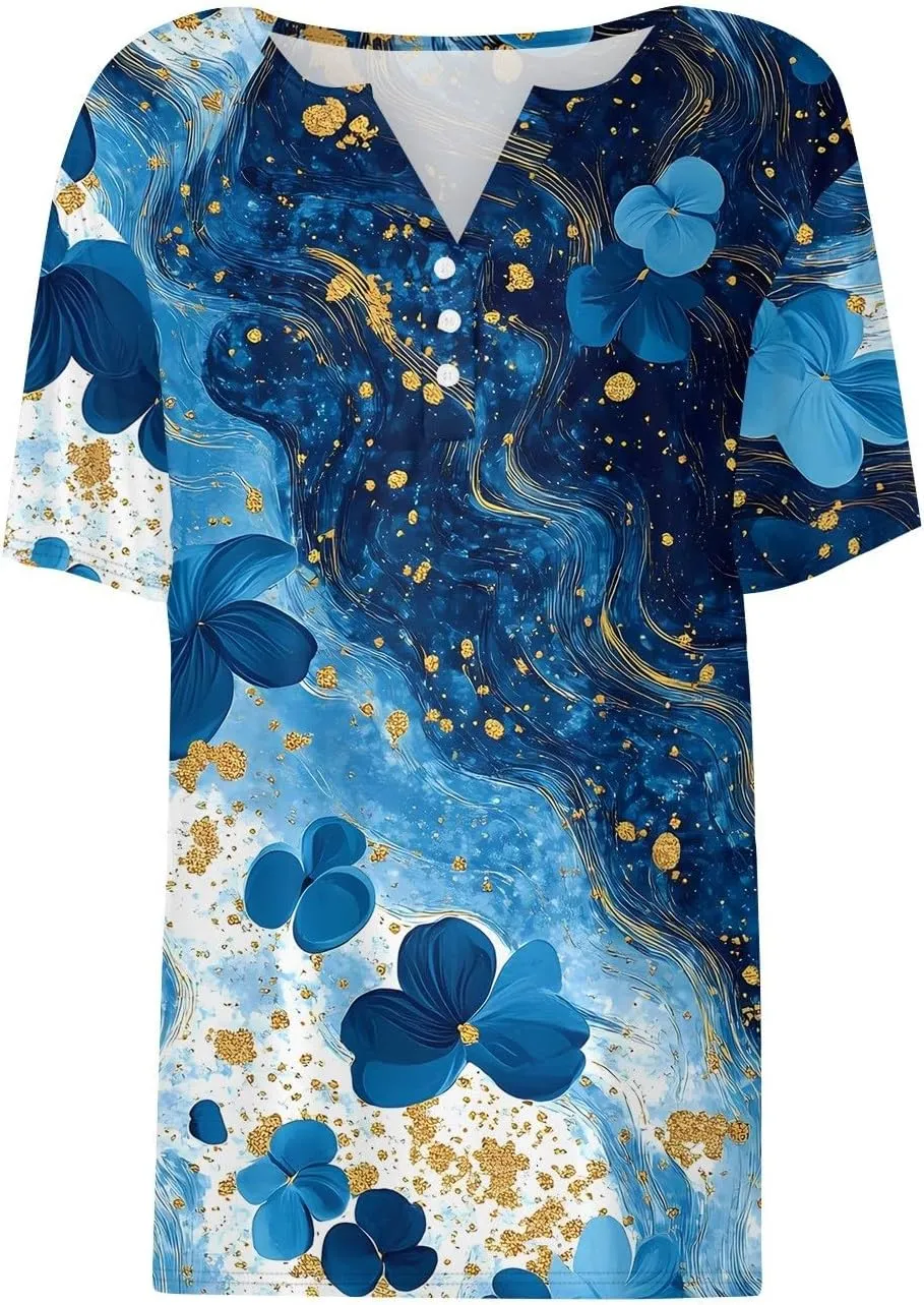 Tops for Women Trendy Henley V Neck Pullover Printed Vacation Tops Button Down Comfy Tees Trendy Tunics T Shirt