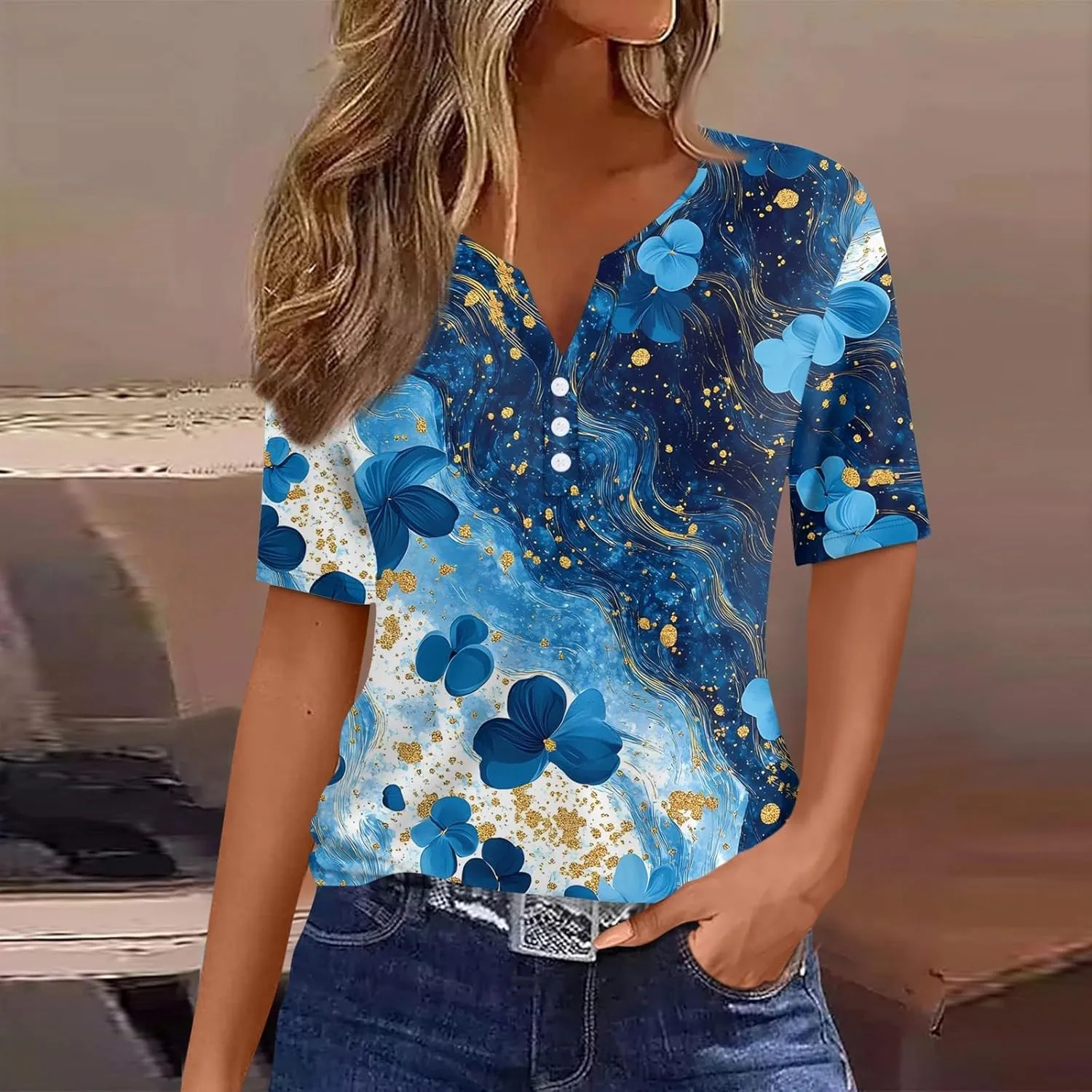 Tops for Women Trendy Henley V Neck Pullover Printed Vacation Tops Button Down Comfy Tees Trendy Tunics T Shirt