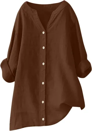 Tops for Women Trendy Long Sleeve Oversized Tshirts Button Down V Neck Linen Ladies Tops and Blouses Summer Outfits