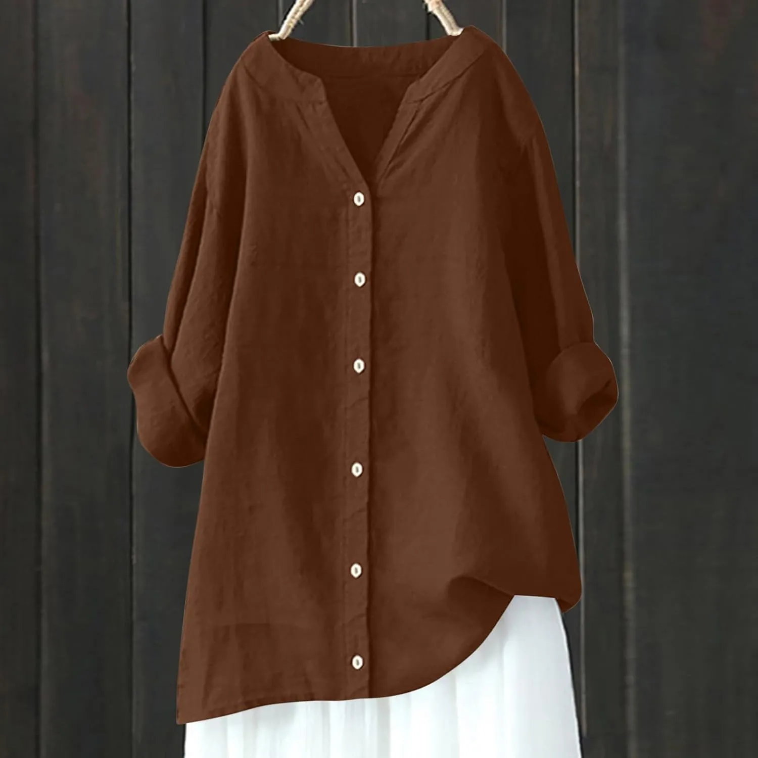 Tops for Women Trendy Long Sleeve Oversized Tshirts Button Down V Neck Linen Ladies Tops and Blouses Summer Outfits