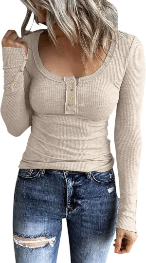 Tops for Women Trendy Summer 2025 Long Sleeve U Neck Shirts Button Slim Tunic Blouses Casual Loose Fit Workout Outfits