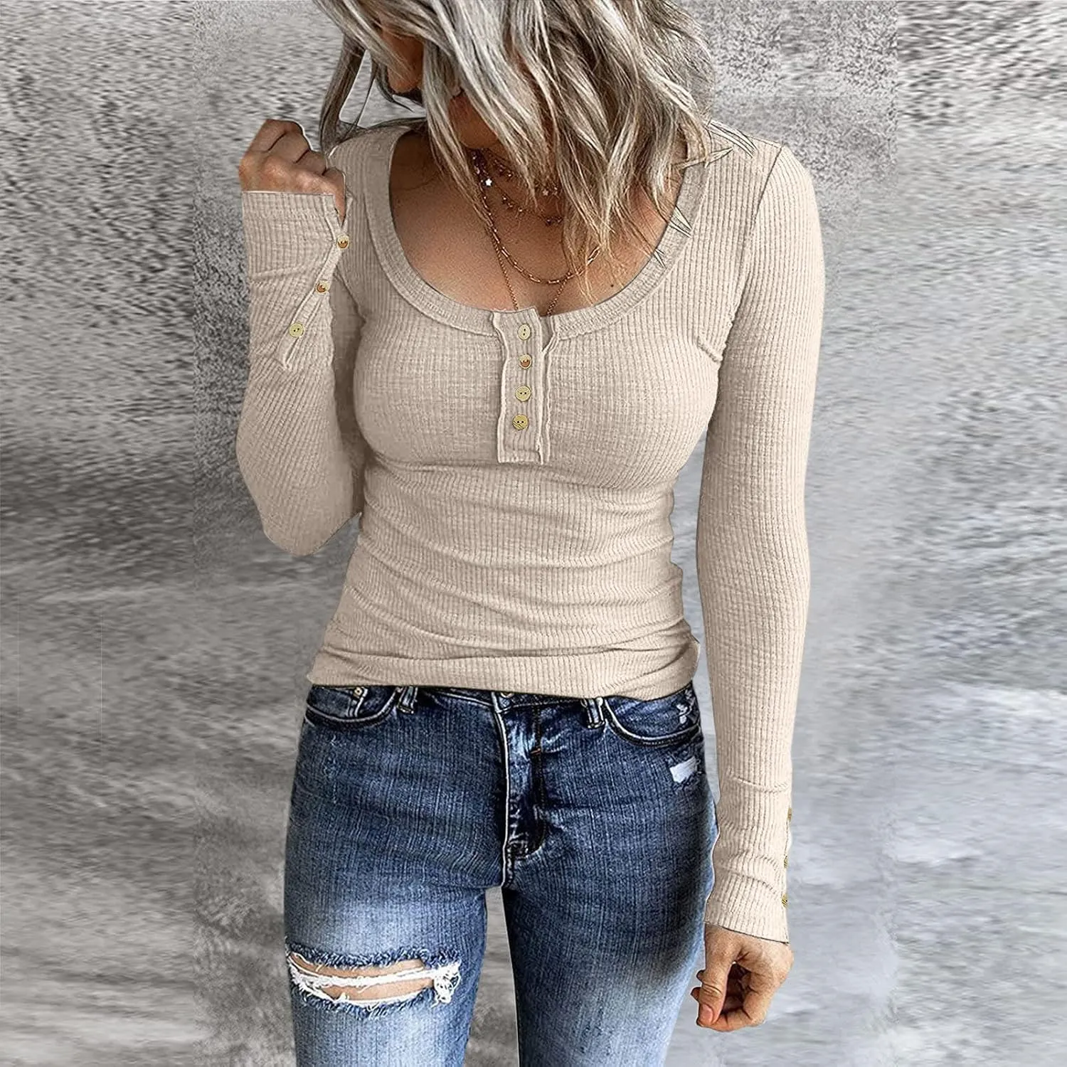 Tops for Women Trendy Summer 2025 Long Sleeve U Neck Shirts Button Slim Tunic Blouses Casual Loose Fit Workout Outfits