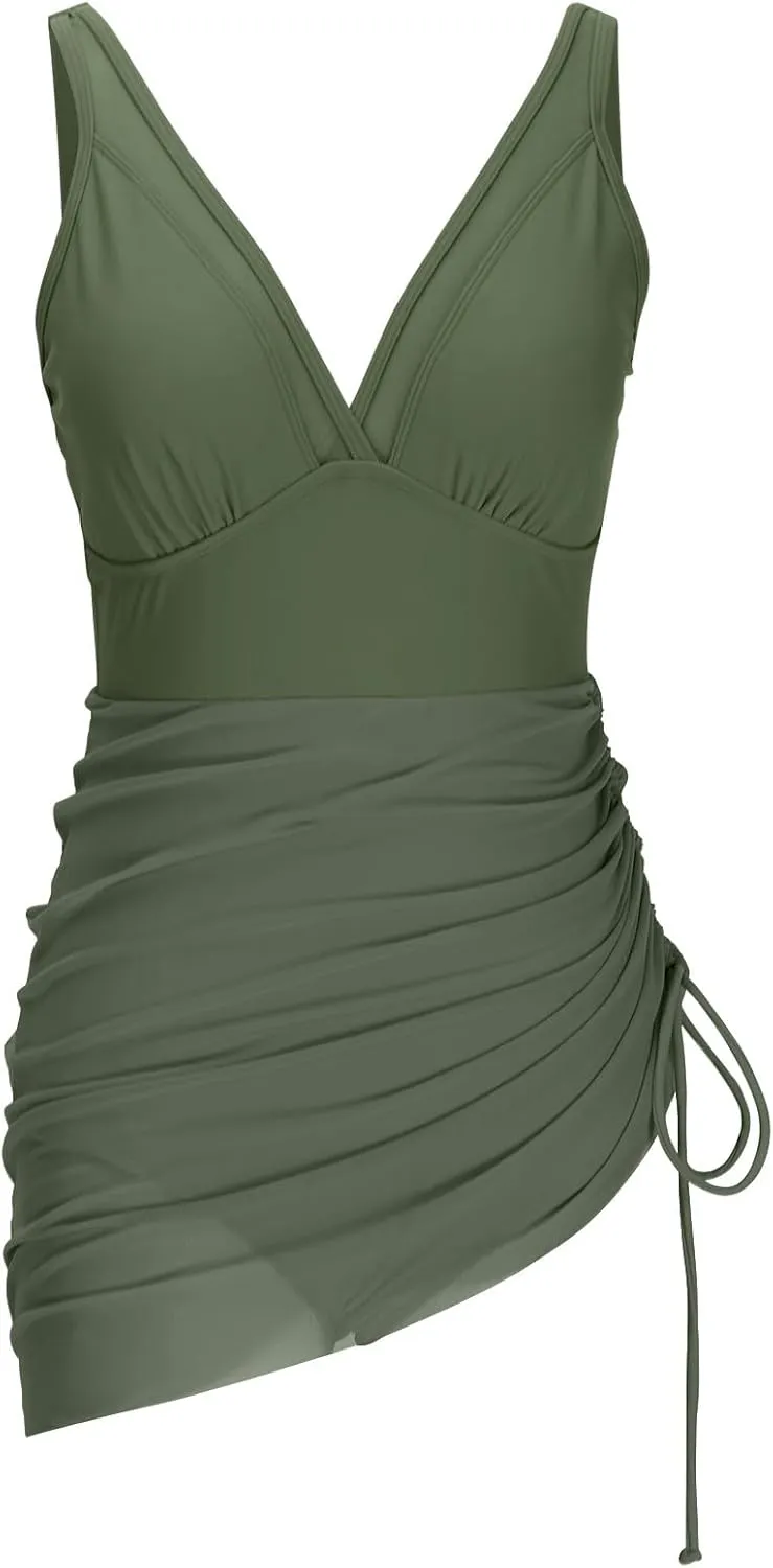 TUNUSKAT Womens One Piece Swim Dress Tummy Control Swimsuits Slimming Modest Bathing Suit Sheer Mesh Sarong Wraps Swim Suits