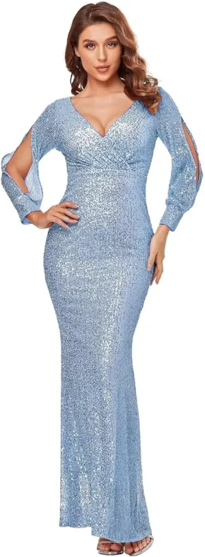 Upgrade Sequined Mermaid V Neck Long Slit Sleeve Prom Evening Dress Bridesmaid Party Dresses with Long Sleeve Ball Gown
