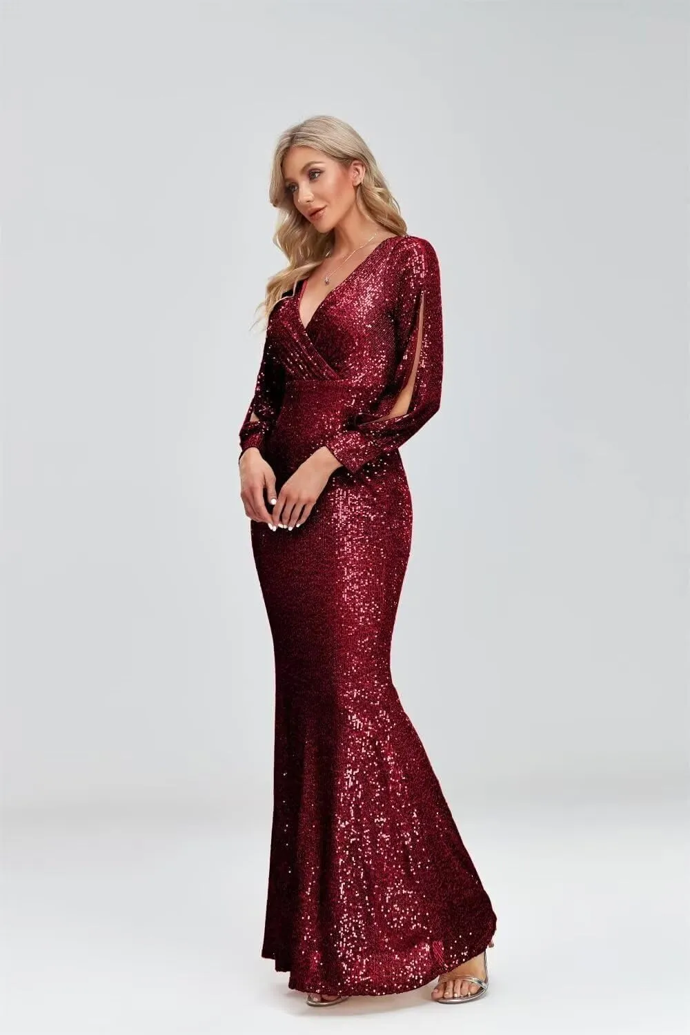 Upgrade Sequined Mermaid V Neck Long Slit Sleeve Prom Evening Dress Bridesmaid Party Dresses with Long Sleeve Ball Gown
