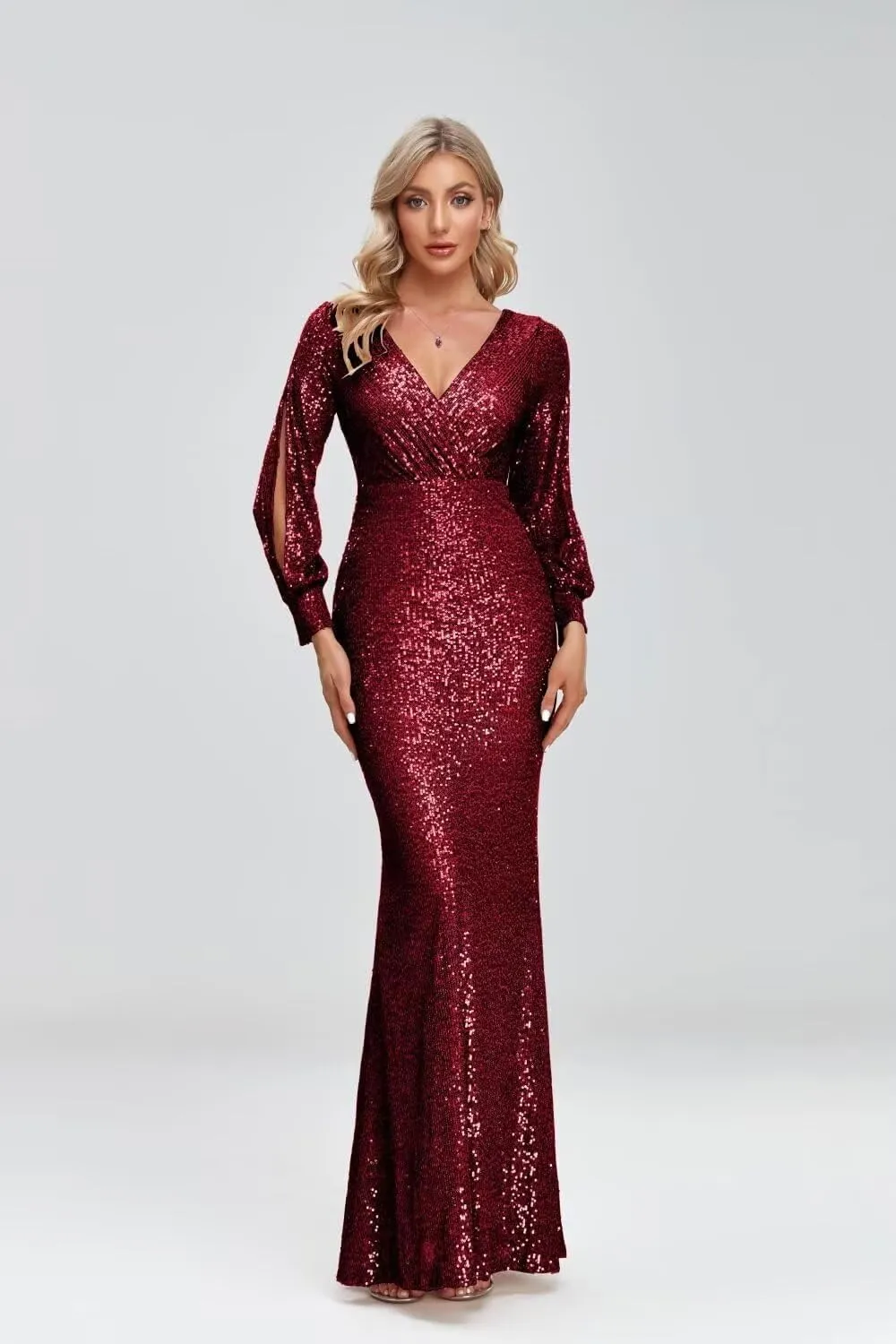 Upgrade Sequined Mermaid V Neck Long Slit Sleeve Prom Evening Dress Bridesmaid Party Dresses with Long Sleeve Ball Gown