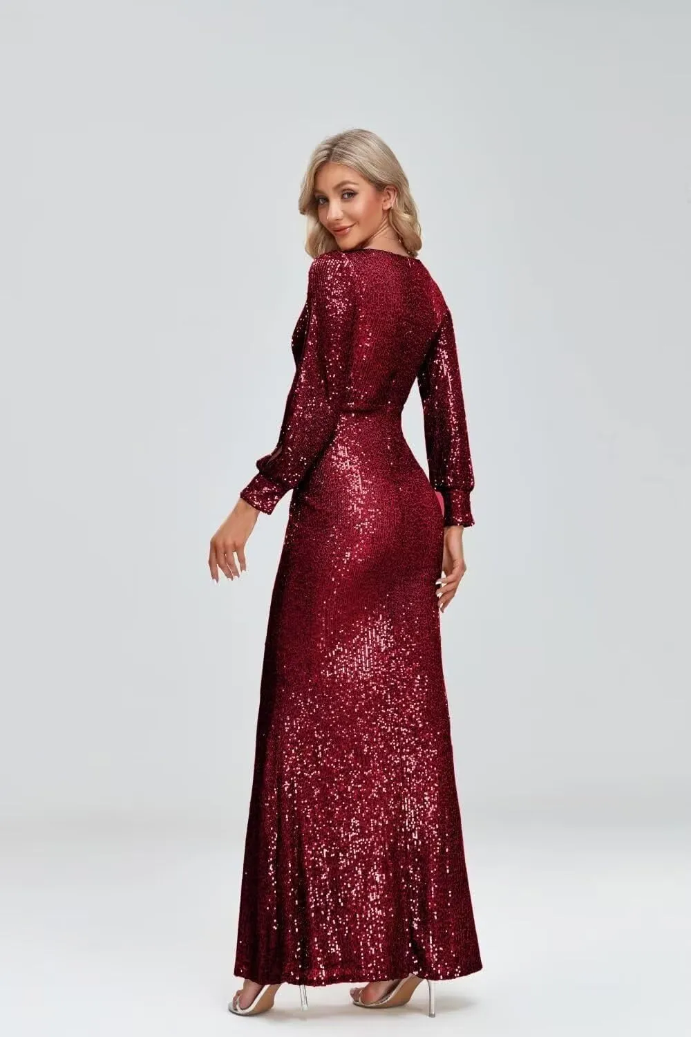 Upgrade Sequined Mermaid V Neck Long Slit Sleeve Prom Evening Dress Bridesmaid Party Dresses with Long Sleeve Ball Gown