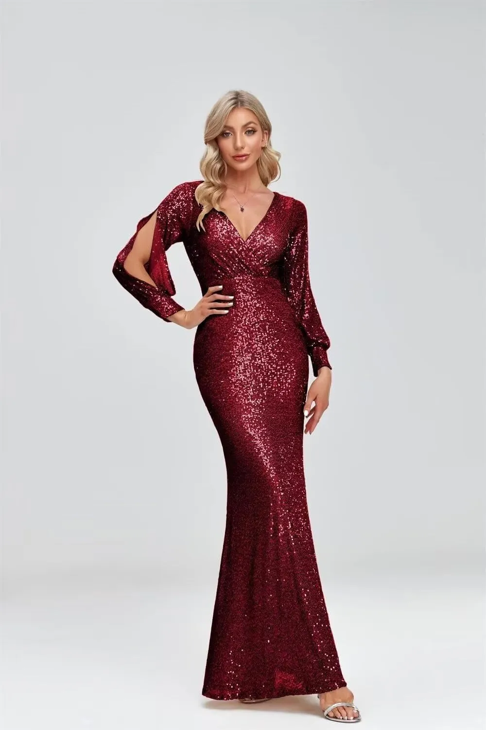 Upgrade Sequined Mermaid V Neck Long Slit Sleeve Prom Evening Dress Bridesmaid Party Dresses with Long Sleeve Ball Gown