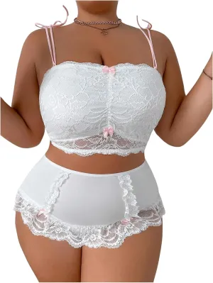 WDIRARA Women's Plus Size Bow Decor Contrast Lace Lingerie Set 2 Piece Sexy Lingerie Sets