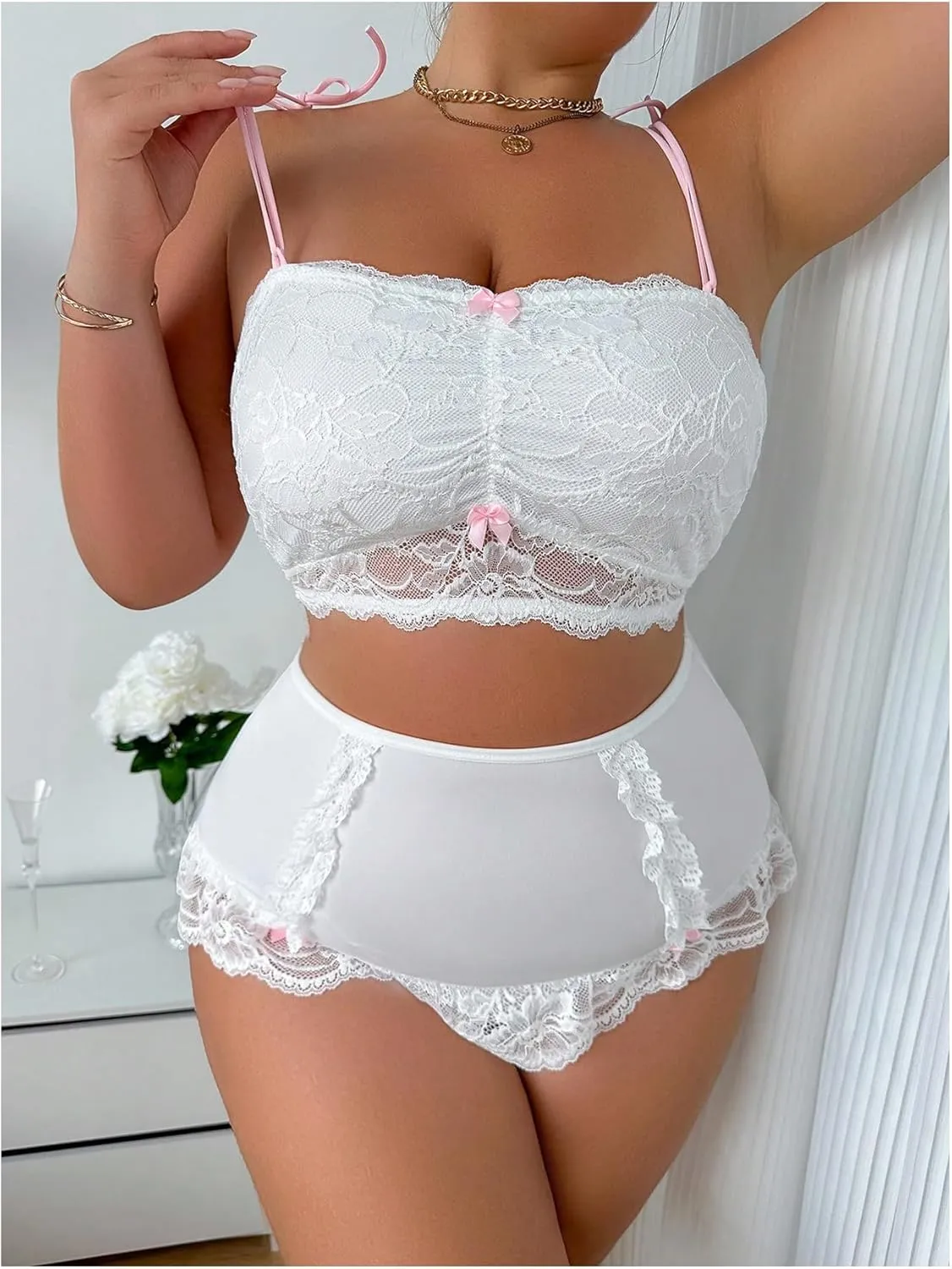 WDIRARA Women's Plus Size Bow Decor Contrast Lace Lingerie Set 2 Piece Sexy Lingerie Sets