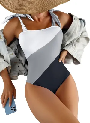 WDIRARA Women's Tie Shoulder Tummy Control Sleeveless Swimwear Colorblock Onepiece Swimsuit