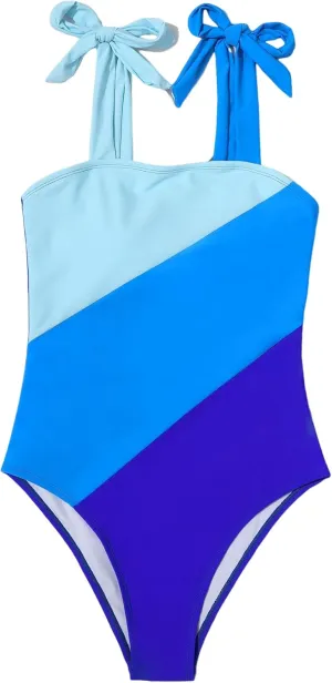 WDIRARA Women's Tie Shoulder Tummy Control Sleeveless Swimwear Colorblock Onepiece Swimsuit