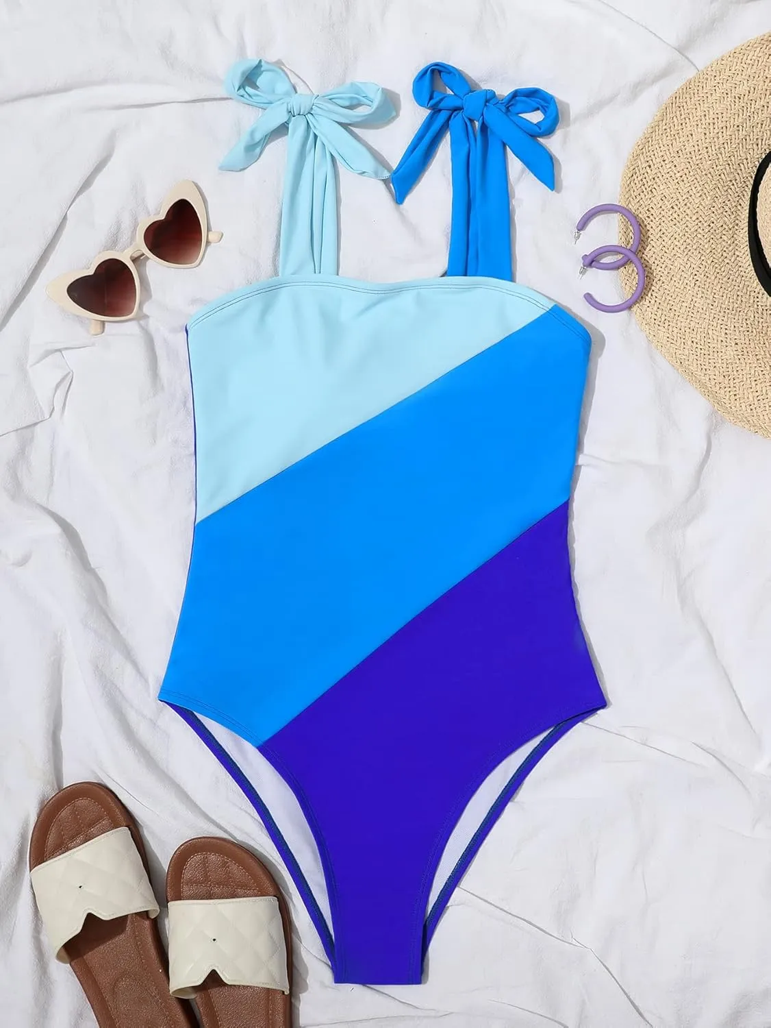 WDIRARA Women's Tie Shoulder Tummy Control Sleeveless Swimwear Colorblock Onepiece Swimsuit