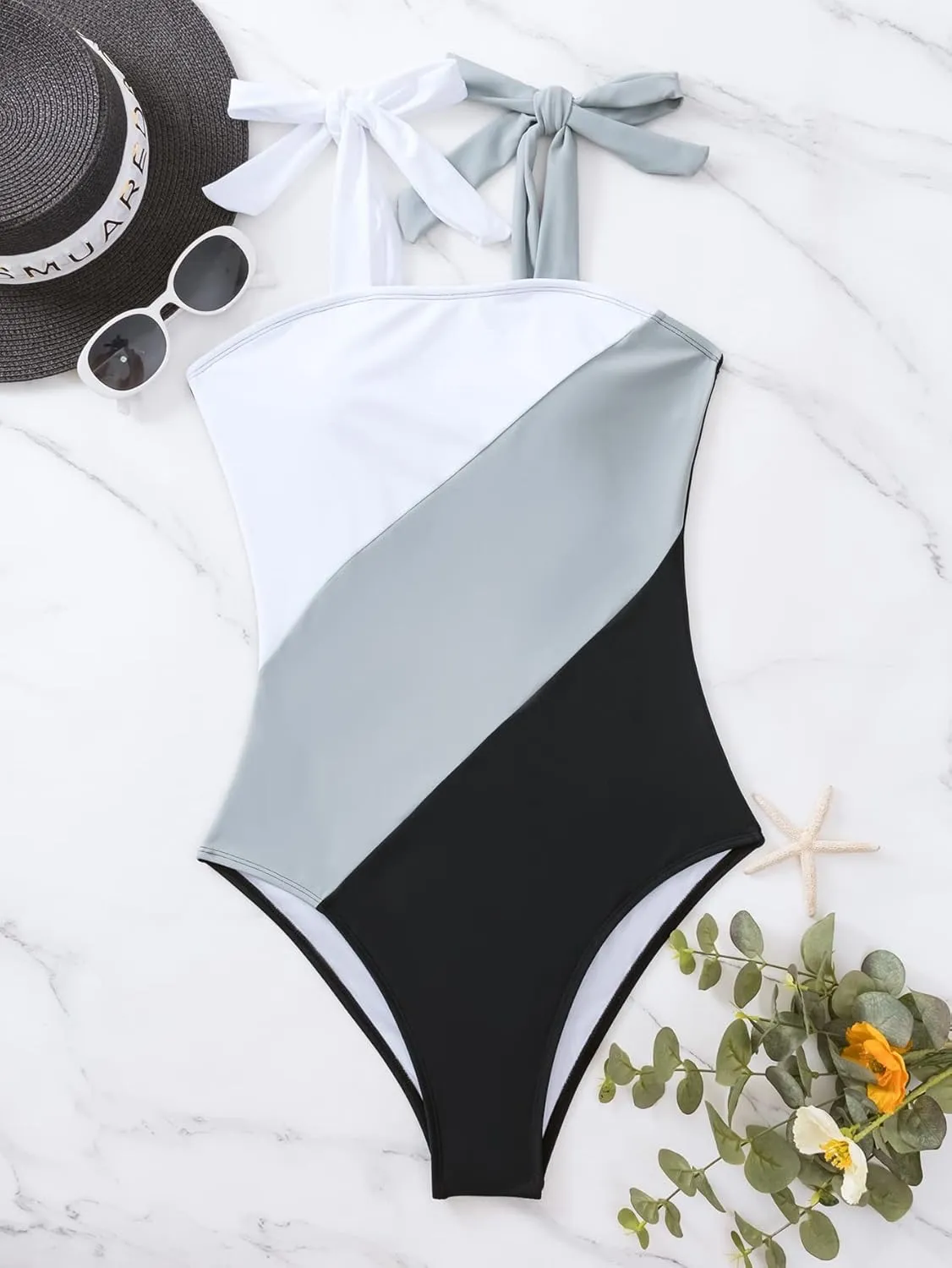 WDIRARA Women's Tie Shoulder Tummy Control Sleeveless Swimwear Colorblock Onepiece Swimsuit