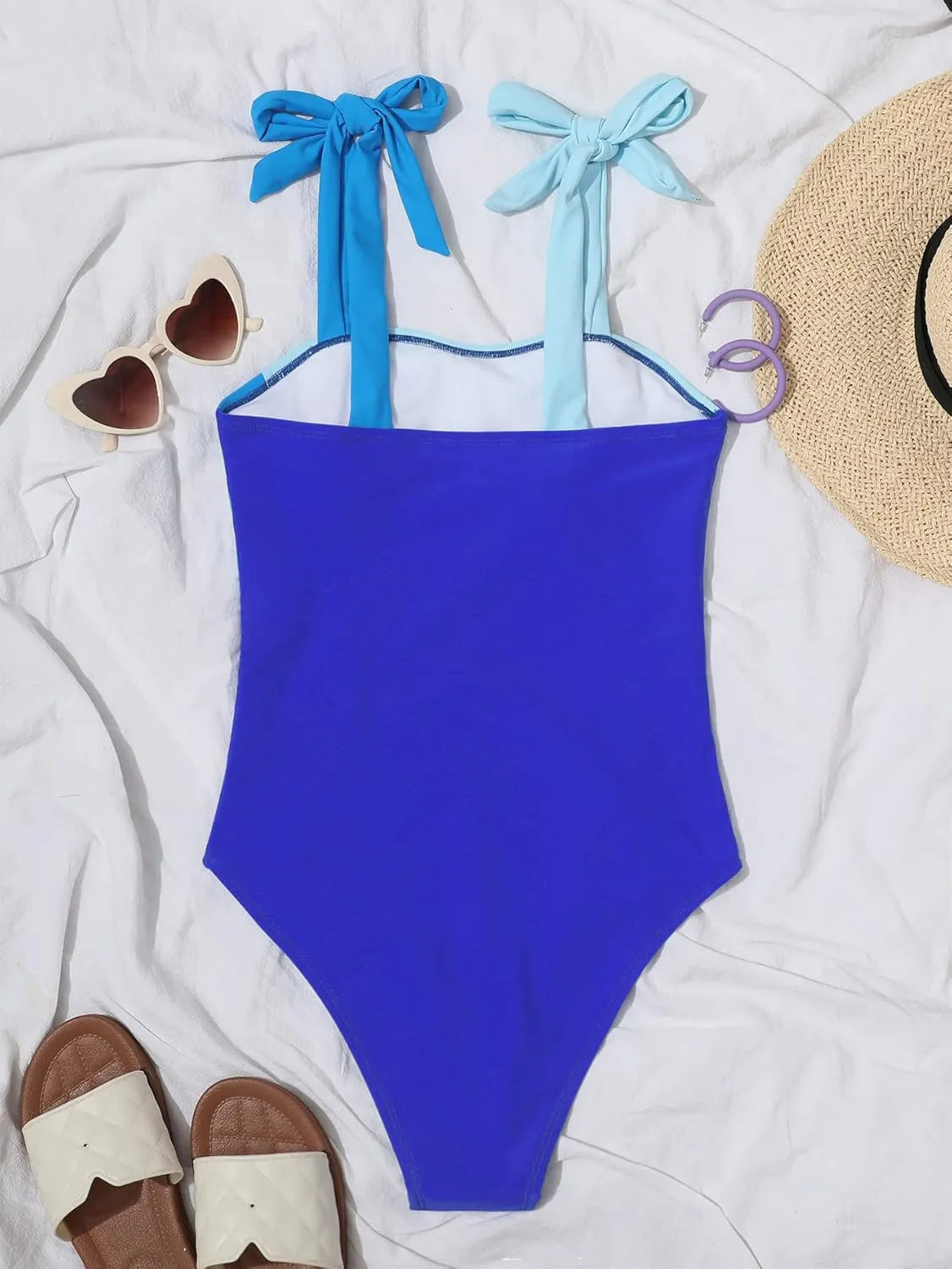 WDIRARA Women's Tie Shoulder Tummy Control Sleeveless Swimwear Colorblock Onepiece Swimsuit