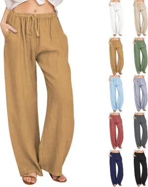 Wide Leg Linen Pants for Women Summer Baggy Comfy Palazzo Pants Drawstring Yoga Pants Casual Beach Pants with Pocket