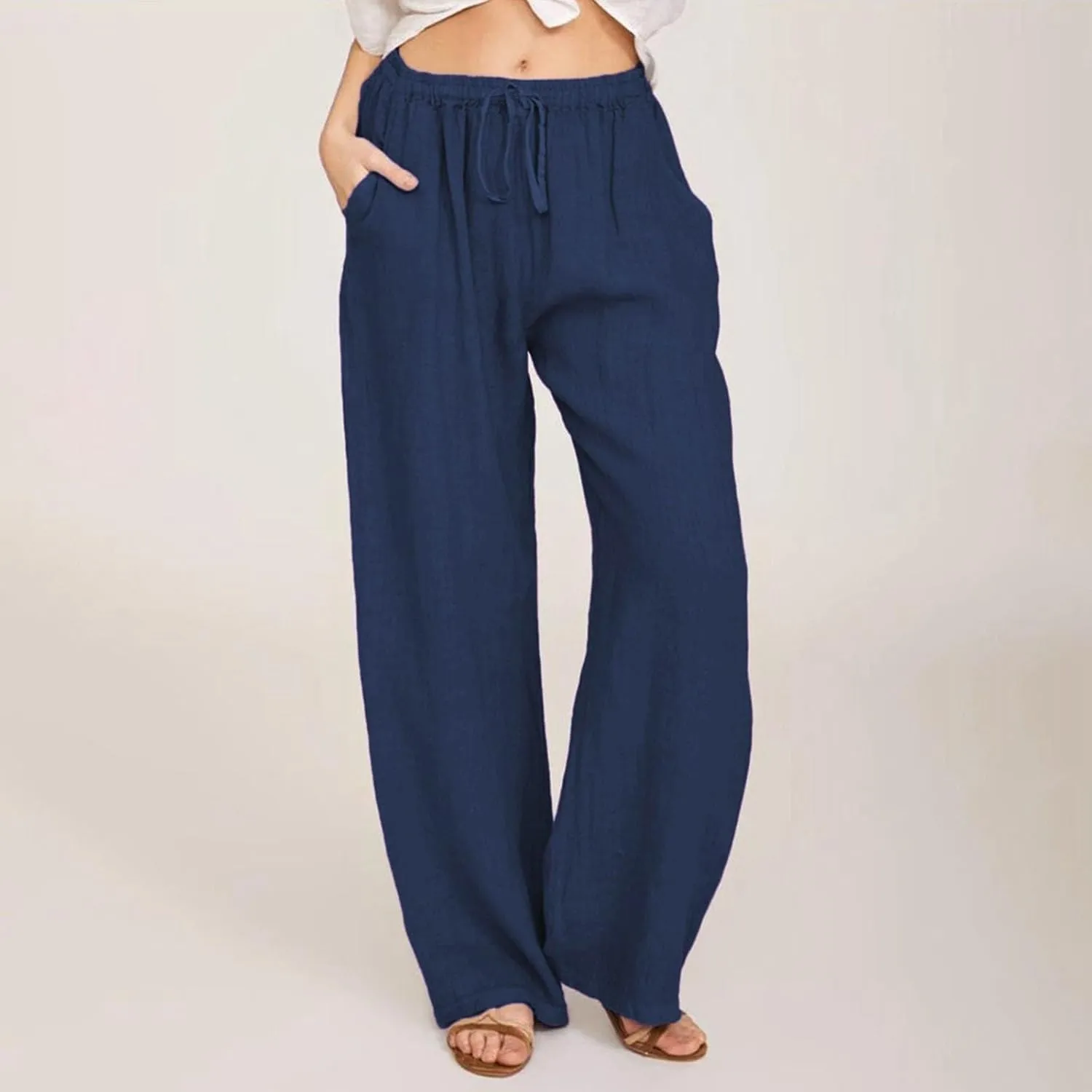 Wide Leg Linen Pants for Women Summer Baggy Comfy Palazzo Pants Drawstring Yoga Pants Casual Beach Pants with Pocket