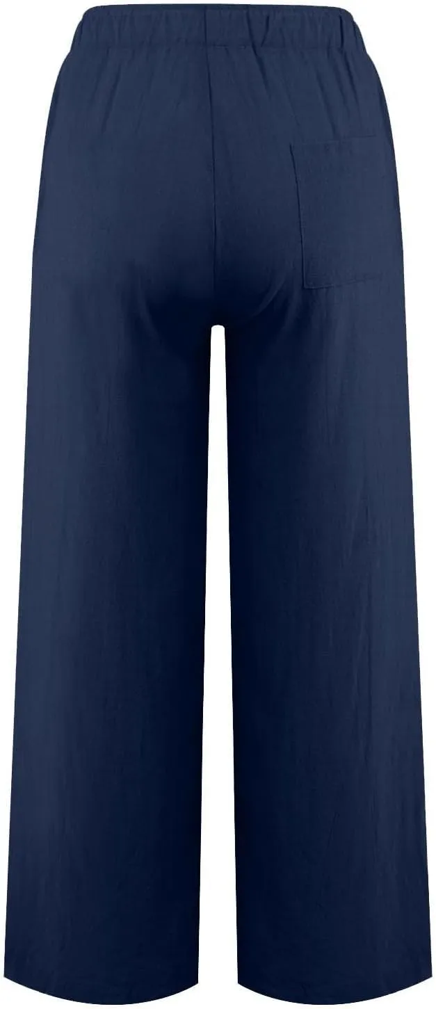 Wide Leg Linen Pants for Women Summer Baggy Comfy Palazzo Pants Drawstring Yoga Pants Casual Beach Pants with Pocket