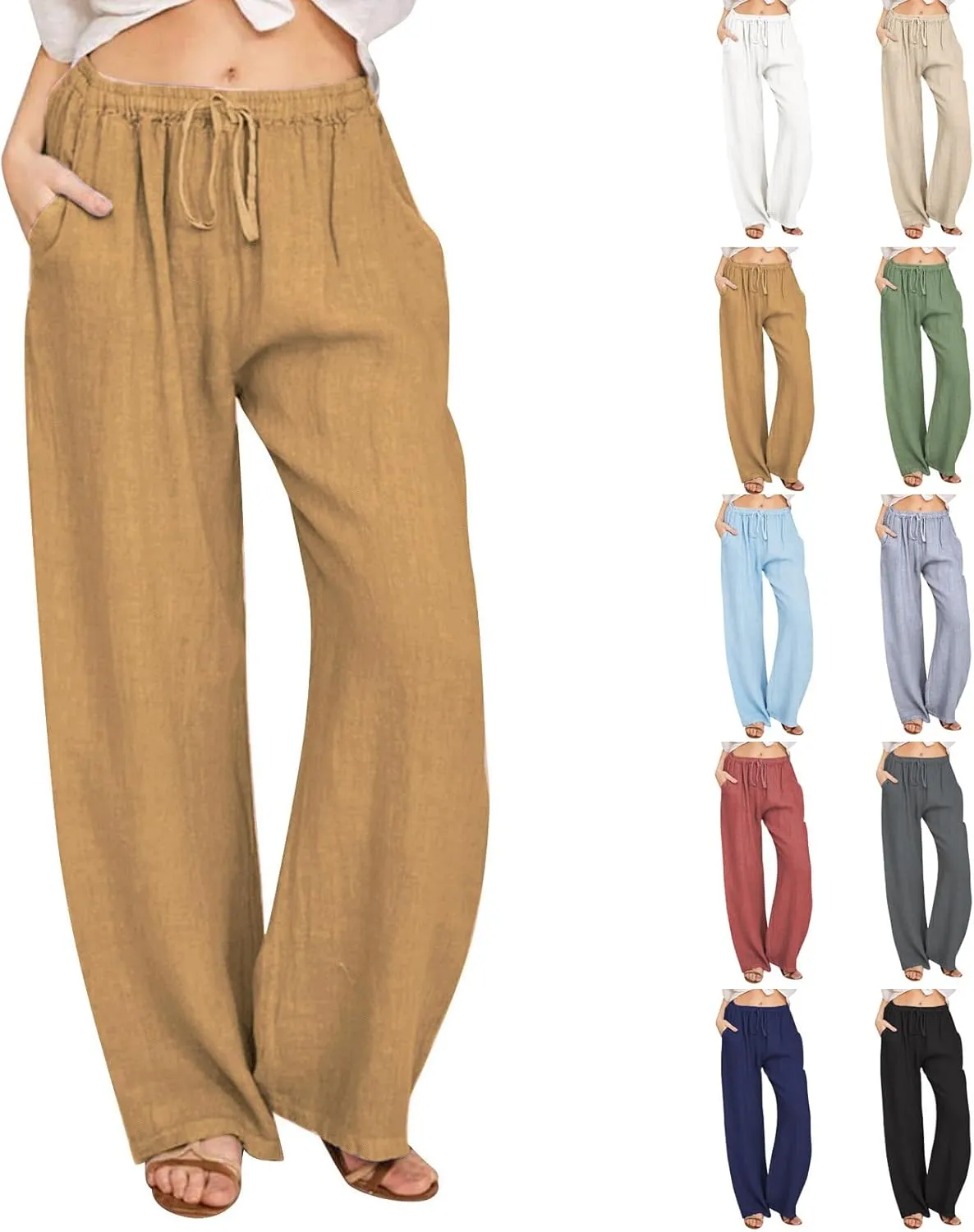 Wide Leg Linen Pants for Women Summer Baggy Comfy Palazzo Pants Drawstring Yoga Pants Casual Beach Pants with Pocket